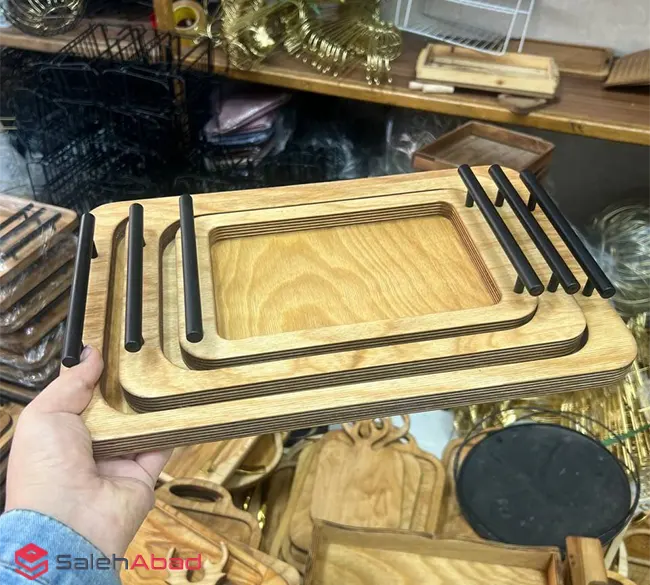 فروش عمده سینی چوبی دسته فلزی 3 عددی