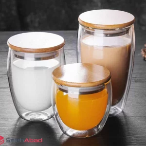 فروش عمده لیوان پیرکس دوجداره درب بامبو