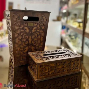 فروش عمده ست سطل و جعبه دستمال چوبی معرق