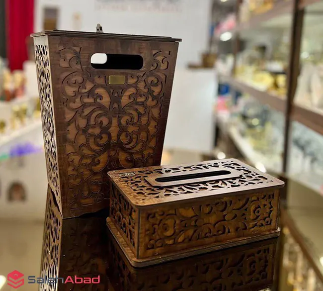 فروش عمده ست سطل و جعبه دستمال چوبی معرق