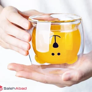 فروش عمده لیوان دوجداره پیرکس طرح خرس لب طلا