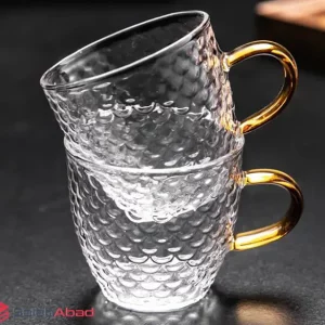 فروش عمده لیوان پیرکس پولکی دسته طلایی