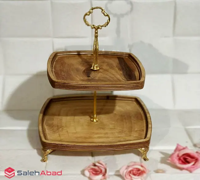 فروش عمده ظرف شیرینی دو طبقه مربع چوبی