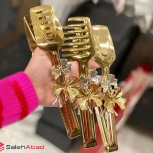 فروش عمده انبر سالاد استیل طلایی طرح گل