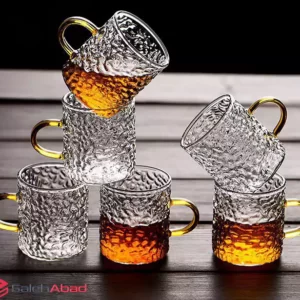 فروش عمده نیم لیوان پیرکس دسته طلایی