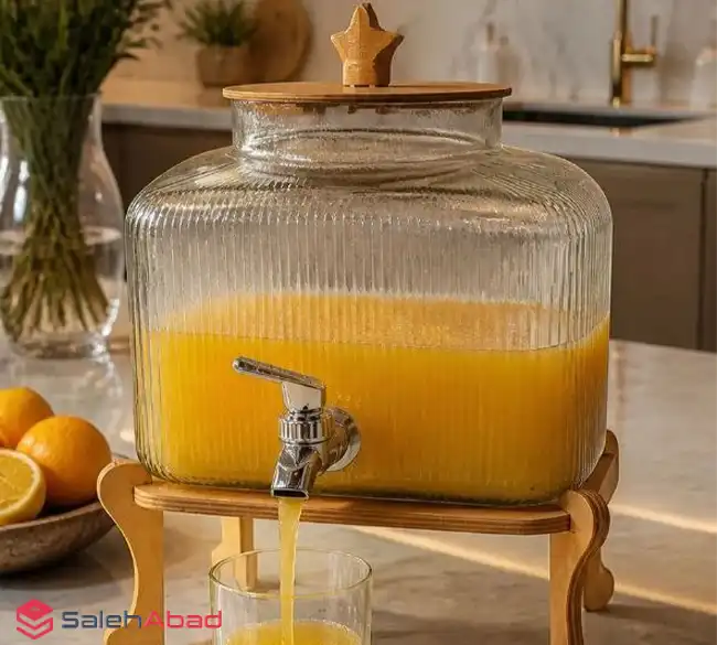 فروش عمده کلمن شربت شیشه ای پایه چوبی
