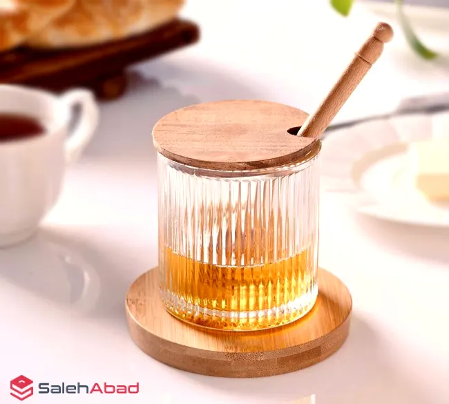 فروش عمده ظرف عسل خوری شیشه ای درب چوبی