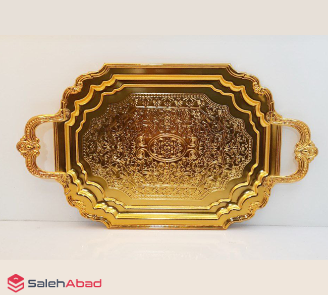 فروش عمدفروش عمده سینی پذیرایی دسته دار فلزیه سینی فلزی مستطیل طلایی دسته دار