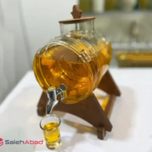 فروش عمده کلمن شیشه ای مدل بشکه پایه چوبب