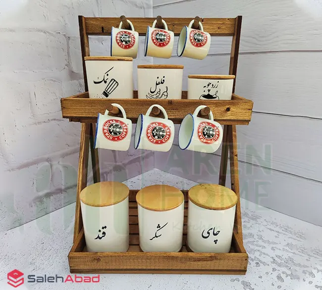 فروش عمده شلف رومیزی چوبی 2 طبقه آویزدار