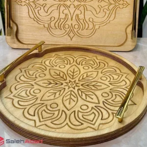فروش عمده سینی چوبی طرح دار دسته طلایی