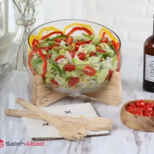 فروش عمده ظرف سالاد شیشه ای استند چوبی
