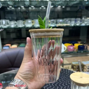 فروش عمده لیوان اسموتی شیشه ای درب چوبی