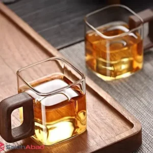 فروش عمده ماگ پیرکس مکعبی دسته چوبی