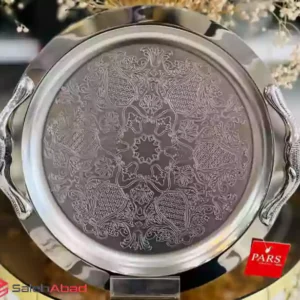فروش عمده سینی گرد استیل دسته نگین دار
