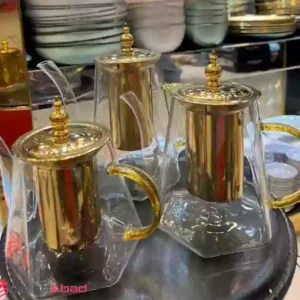 فروش عمده قوری پیرکس شش ضلعی دسته طلایی