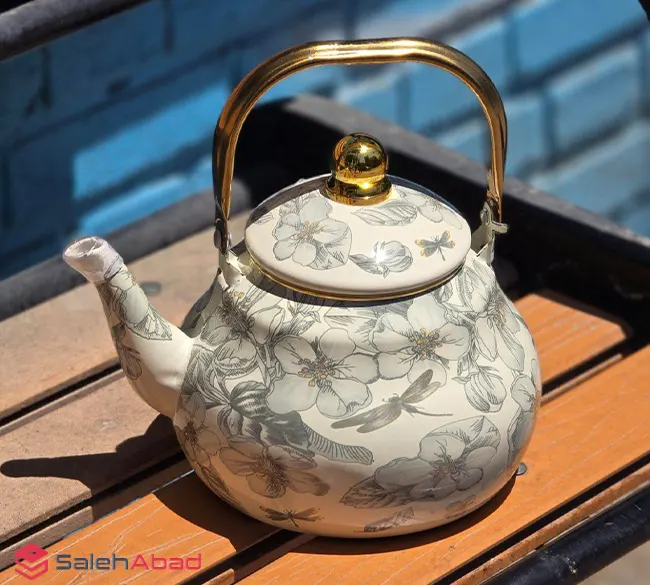 فروش عمده کتری لعابی گلدار دسته طلایی