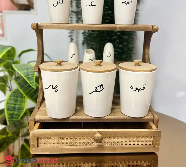 فروش عمده استند چوبی با کشو حصیری