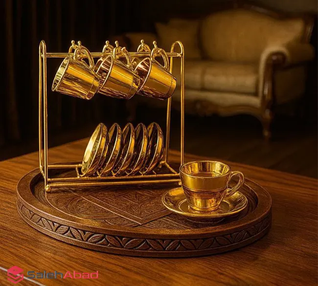 فروش عمده ست قهوه خوری بلور طلایی استند دار