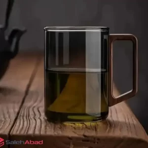 فروش عمده لیوان پیرکس دودی دسته چوبی