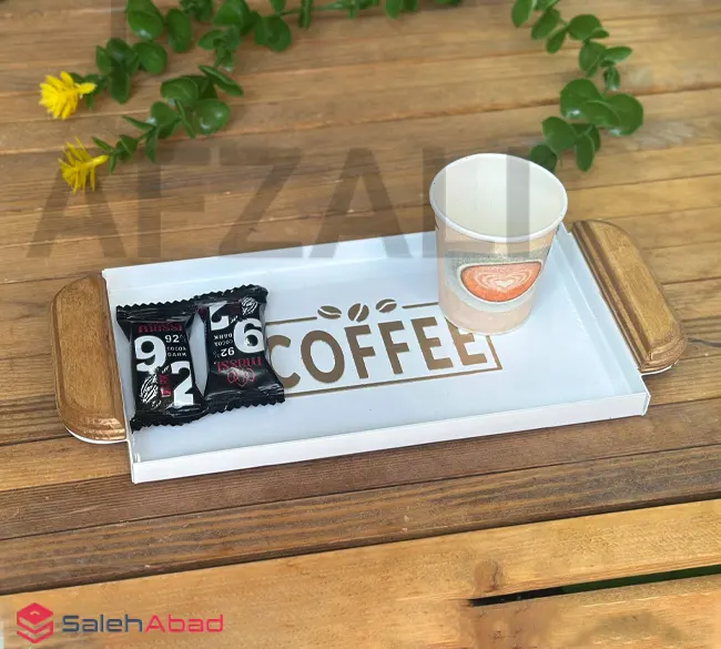 فروش عمده سینی فلزی دسته چوبی طرح COFFEE