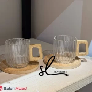فروش عمده لیوان پیرکس دسته و زیره چوبی