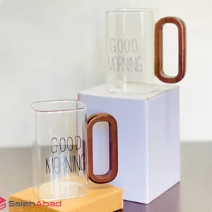 فروش عمده لیوان پیرکس دسته چوبی Good Morning