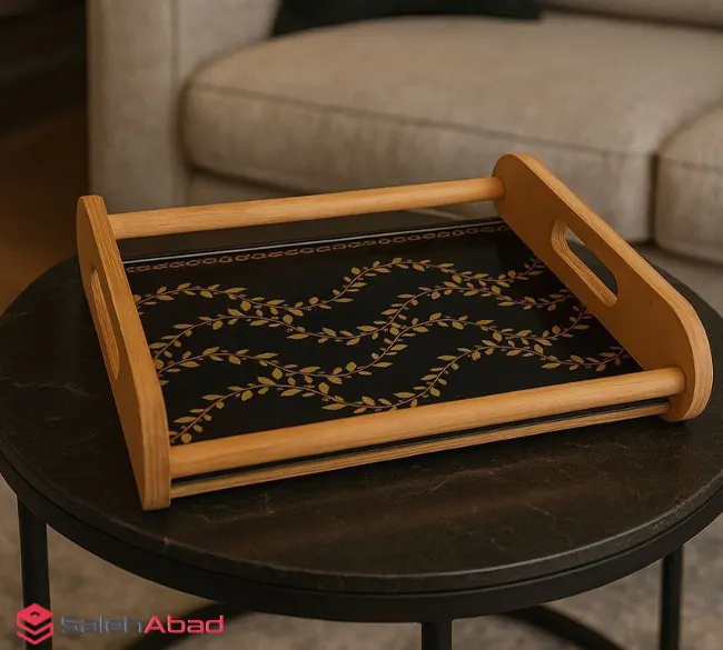 فروش عمده سینی چوبی کف شیشه ای طرح برگ