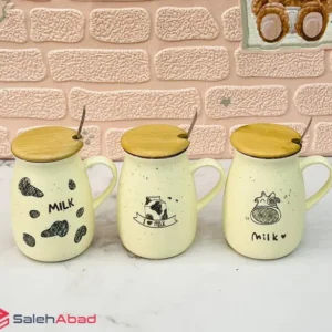 فروش عمده لیوان سرامیک درب چوبی طرح MILK