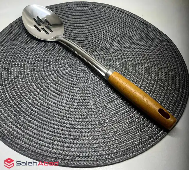فروش عمده کفگیر استیل بلند دسته چوبی