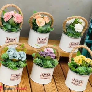 فروش عمده گلدان دسته کنفی با گل مصنوعی