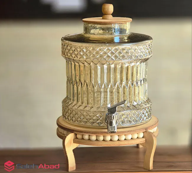 فروش عمده کلمن شیشه ای مهره دار پایه چوب