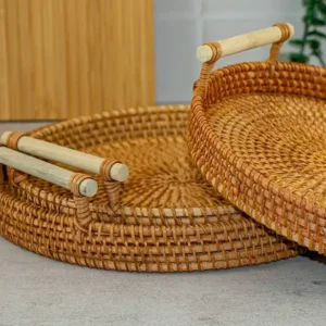 فروش عمده سینی حصیری گرد دسته بامبو 3 سایز