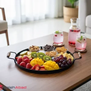 فروش عمده سینی سرو فلزی گرد دسته چوبی