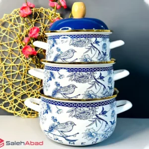 فروش عمده قابلمه سه تایی لعابی طرح گل آبی