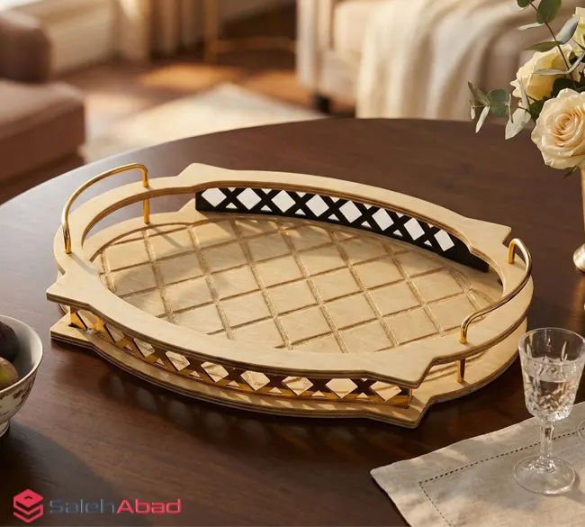 فروش عمده سینی چوبی بیضی دسته طلایی