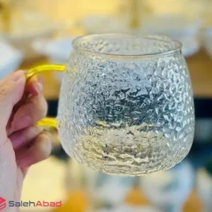 فروش عمده لیوان پیرکس برفی دسته طلایی