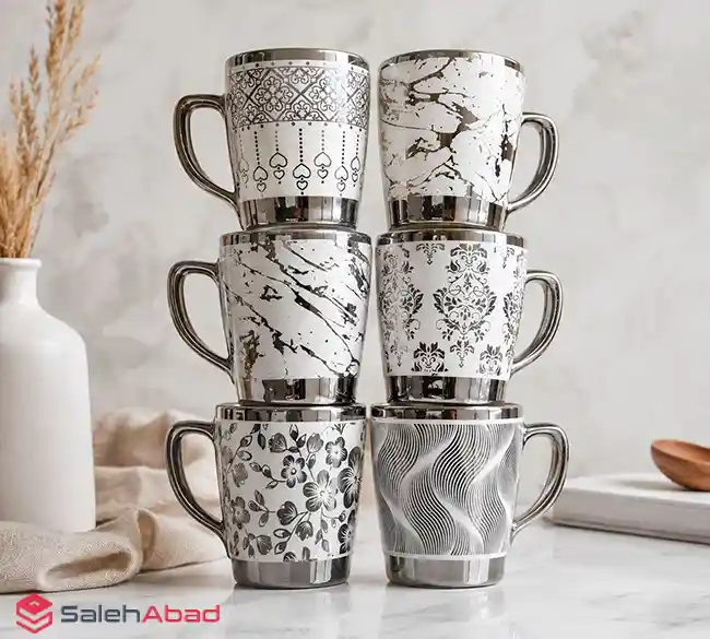 فروش عمده ماگ سرامیکی سفید طلایی و نقره ای